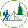Graphic showing a hiker in a camping area with trees